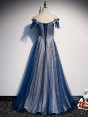 Blue tulle lace long prom dress, blue tulle lace bridesmaid dress