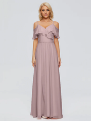 Thin shoulder strap ruffled chiffon and floor length bridesmaid dress