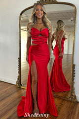 Spaghetti Straps Cutout Mermaid Ruched Prom Dress with Slit