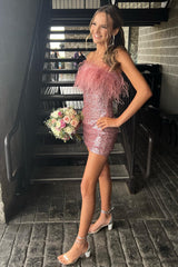 Blue Sequin Strapless Fitted Short Party Dress with Feathers