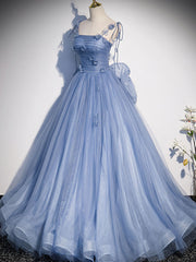 Blue tulle long prom dress, blue tulle formal dress