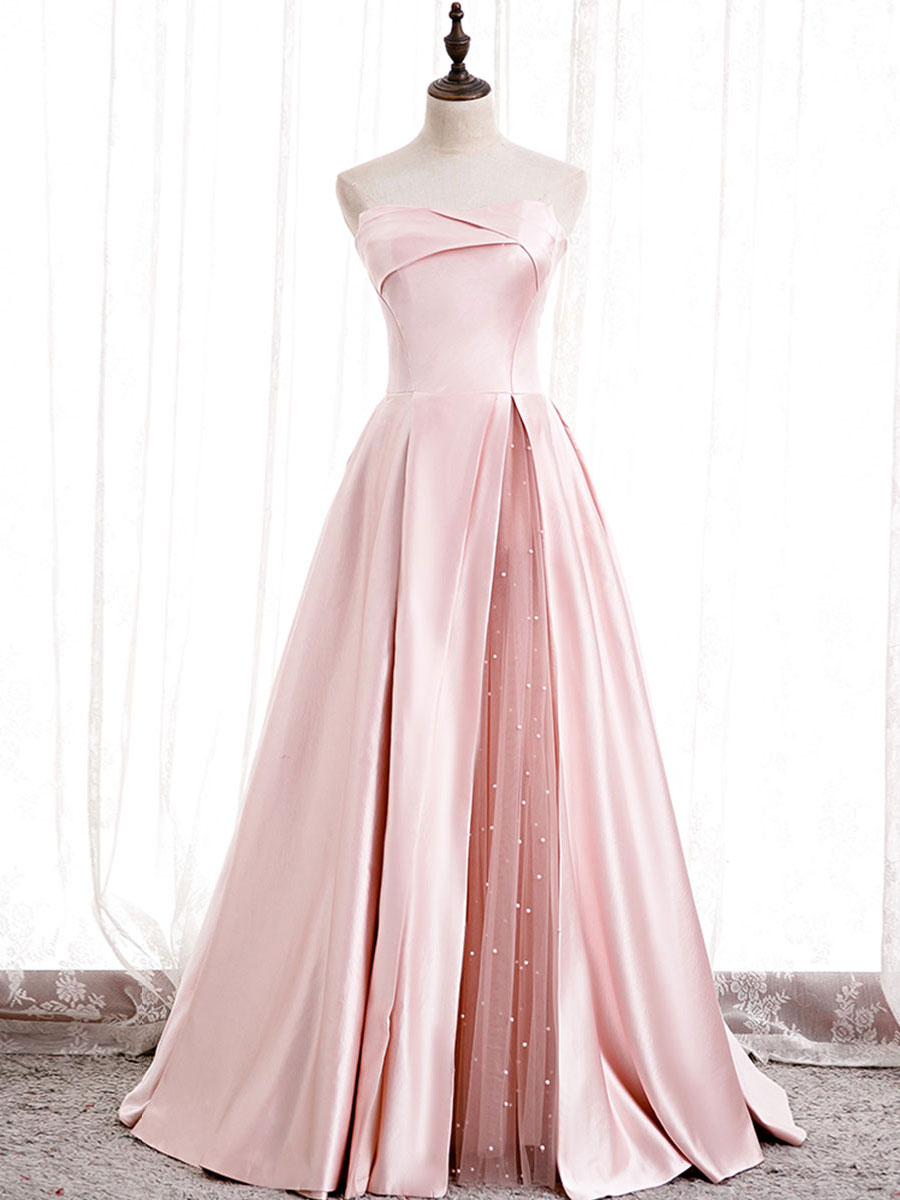 Simple satin long pink prom dress, pink evening dress