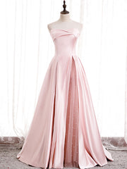 Simple satin long pink prom dress, pink evening dress