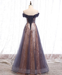 Unique tulle off shoulder lace long prom dress lace formal dress