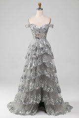 Black Off The Shoulder Tiered Prom Dress