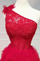 Red One Shoulder Tulle Layers Long Prom Dress with Lace, A-Line Evening Party Dress