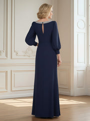 Beaded Bateau Neck Ruffles Long Slit Dress Dark Navy