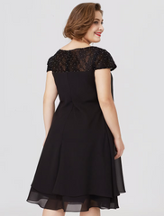 Mother of the Bride Dress Formal Little Black Dress Plus Size Knee Length Chiffon Lace Short Sleeve No with Pleats Beading Lace Insert