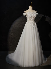 White Tulle with Lace Off Shoulder Long Wedding Party Dress, White Long Prom Dress