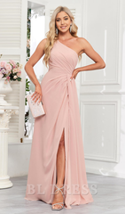 A Line One Shoulder Long Ruched Chiffon formal dresses Bridesmaid Dresses evening gown Prom Dress with Slit