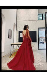 Wine Red Long Sleeves Beaded Low Back Tulle Prom Dress, Wine Red Formal Dresses