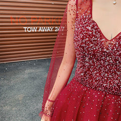 Wine Red Long Sleeves Beaded Low Back Tulle Prom Dress, Wine Red Formal Dresses