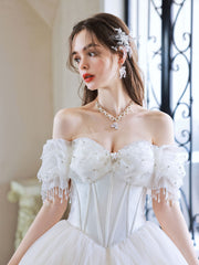 White Sweetheart Neck Tulle Long Prom Dress, White Sweet 16 Dress