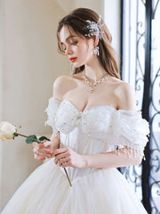 White Sweetheart Neck Tulle Long Prom Dress, White Sweet 16 Dress