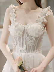 A-Line Sweetheart Neck Beige Lace Long Prom Dress, Beige Formal Dress