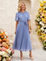 Chiffon Pleated Midi Dress with Floral Waist Detail Periwinkle