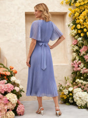 Chiffon Pleated Midi Dress with Floral Waist Detail Periwinkle