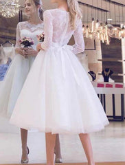 Bridal Shower Vintage Simple Wedding Dresses A-Line Scoop Neck Half Sleeve Knee Length Tulle Bridal Gowns
