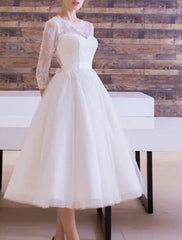 Bridal Shower Vintage Simple Wedding Dresses A-Line Scoop Neck Half Sleeve Knee Length Tulle Bridal Gowns