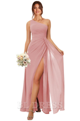 A Line One Shoulder Long Ruched Chiffon formal dresses Bridesmaid Dresses evening gown Prom Dress with Slit