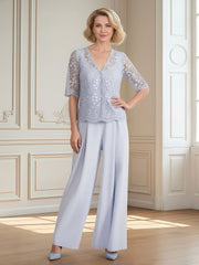 Wide-Leg Formal Trousers and Lace Top Set Lavender