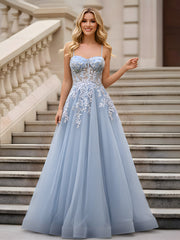 A-Line Sweetheart Sheer Corset Applique Tulle Dress Mist