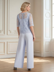 Wide-Leg Formal Trousers and Lace Top Set Lavender