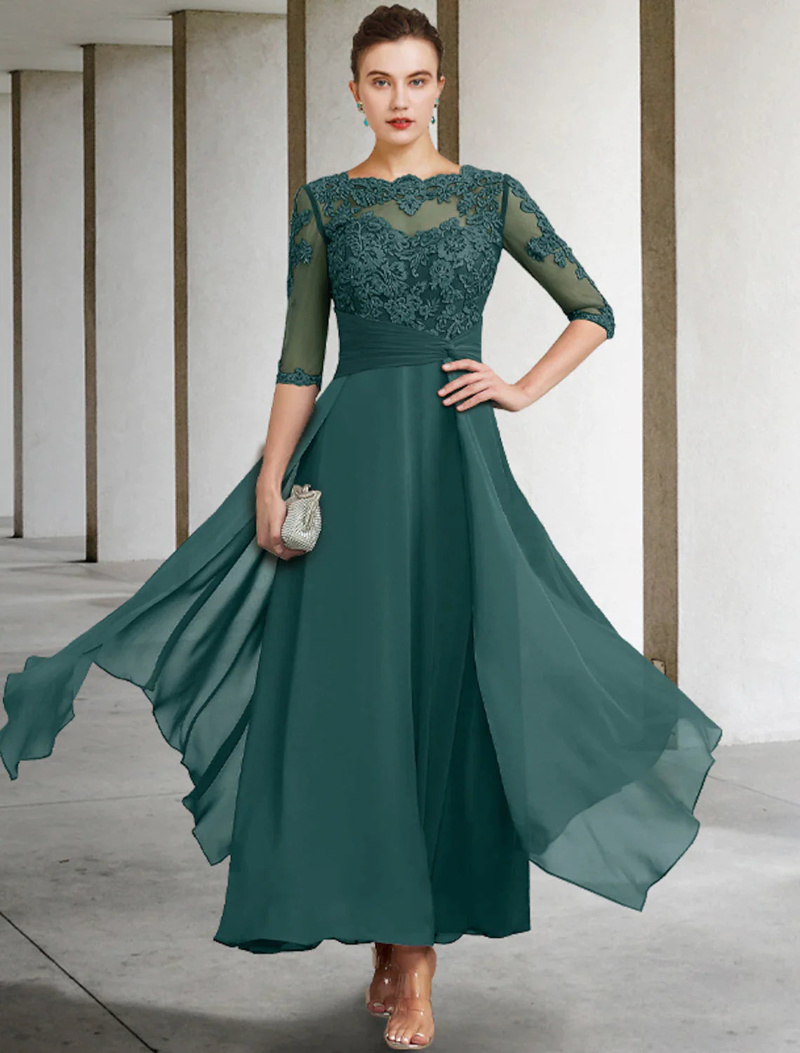 A-Line Mother of the Bride Dress Wedding Guest Elegant Plus Size Jewel Neck Ankle Length Chiffon Lace Half Sleeve