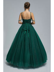 Ball Gown Prom Dresses Sparkle & Shine Dress Graduation Floor Length Sleeveless Spaghetti Strap Tulle with Pearls