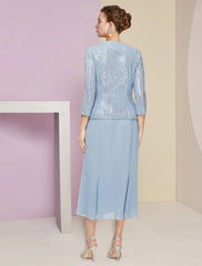 Two Piece A-Line Mother of the Bride Dress Wedding Guest Winter With Jacket 3/4 Sleeve Scoop Neck Tea Length Chiffon Sequined Pleats Sequin Solid Color