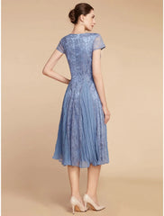 A-Line Mother of the Bride Dress Wedding Guest Elegant Petite V Neck Knee Length Chiffon Lace Short Sleeve with Ruching