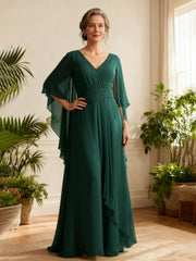 Chiffon Drape V-Neck Gown with Flutter Cape Sleeves Dark Green