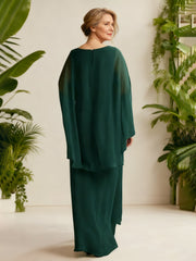 Chiffon Drape V-Neck Gown with Flutter Cape Sleeves Dark Green