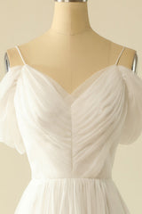 White A Line Off the Shoulder Tulle Floor-Length Wedding Dress Pure Color