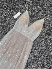 Beach Open Back Casual Wedding Dresses A-Line Camisole V Neck Sleeveless Sweep / Brush Train Sequined Bridal Gowns