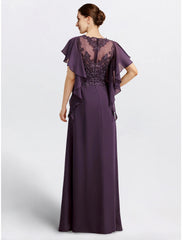 Sheath Mother of the Bride Dress Cape Dress Formal Wedding Guest Elegant Jewel Neck Floor Length Chiffon Short Sleeve