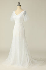White Mermaid V Neck Long Lace Floor-Length Wedding Dress With Short Sleeved