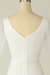White Mermaid V Neck Long Lace Floor-Length Wedding Dress With Short Sleeved