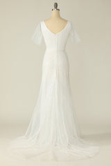 White Mermaid V Neck Long Lace Floor-Length Wedding Dress With Short Sleeved