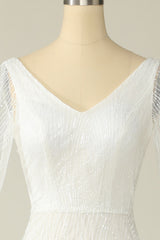 White Mermaid V Neck Long Lace Floor-Length Wedding Dress With Short Sleeved