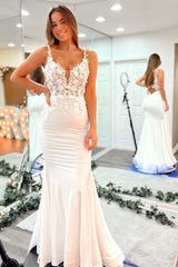 Light Blue 3D Floral Lace V-Neck Backless Trumpet Prom Dress