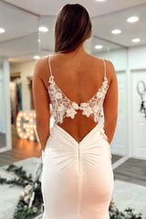 Light Blue 3D Floral Lace V-Neck Backless Trumpet Prom Dress