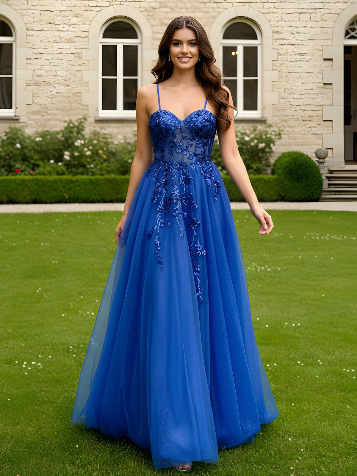 A-Line Sweetheart Neck Applique Tulle Dress Royal Blue