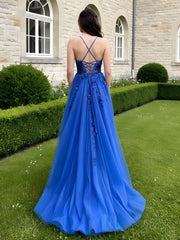 A-Line Sweetheart Neck Applique Tulle Dress Royal Blue