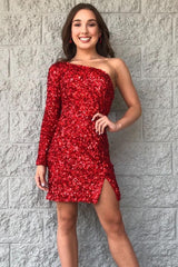 One Shoulder Sequined Homecoming Dress Hot Pink Long Sleeve