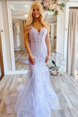 Lavender Floral Lace Lace-Up Back Trumpet Long Prom Dress