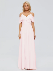 Thin shoulder strap ruffled chiffon and floor length bridesmaid dress