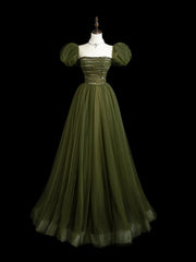 A-Line  Puff Sleeves Tulle Sequin Green Long Prom Dress, Green Long Evening Dress