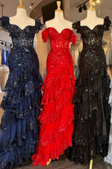 Red Sequin-Embroidery Off-the-Shoulder Tiered Long Prom Dress with Slit