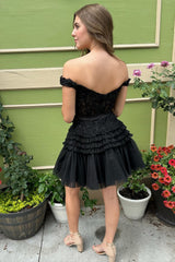 Pink Off-the-Shoulder Bow Tiered Short Homecoming Dress with Ruffles